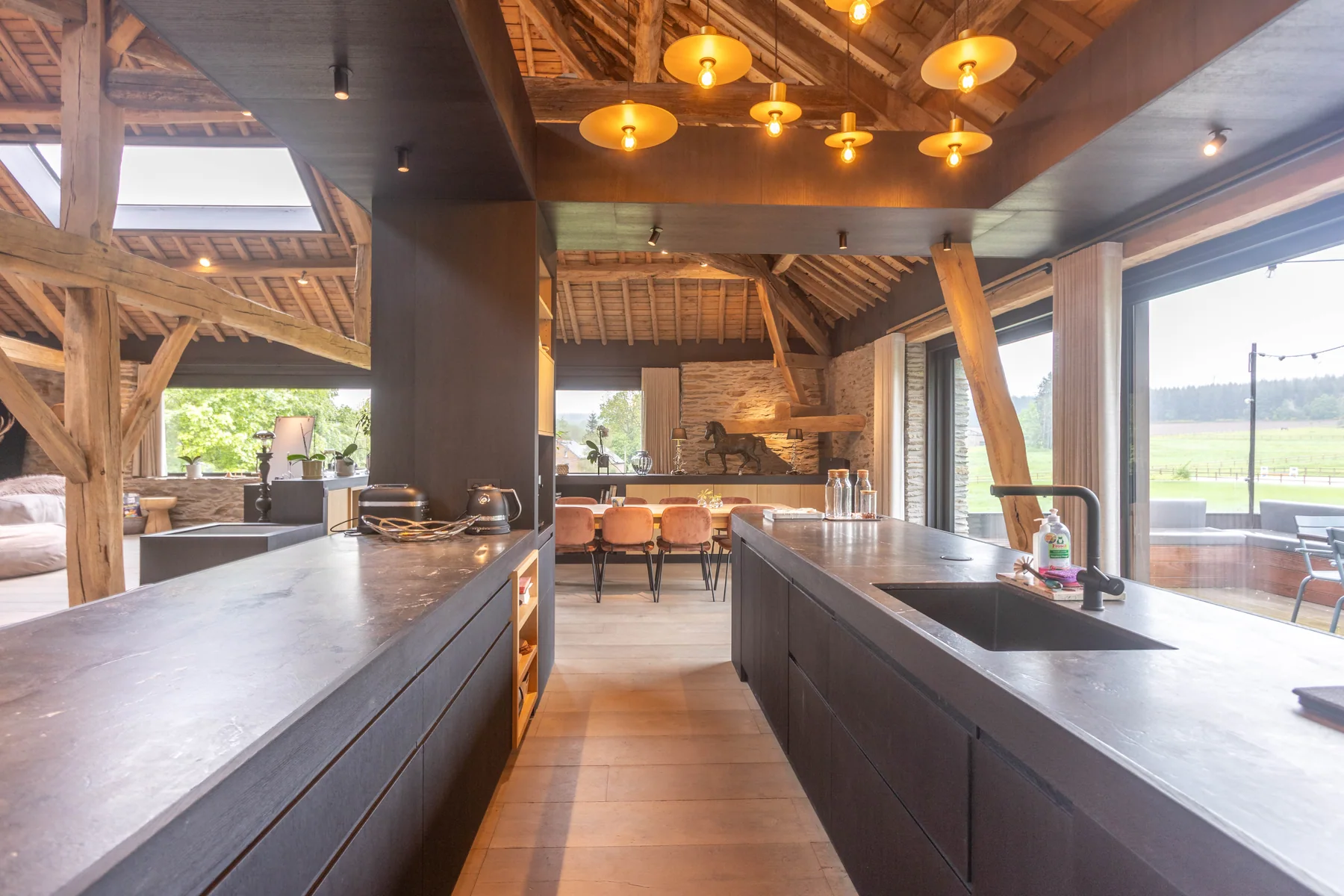 Open kitchen and dining room at La Grange